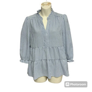 Monteau Los Angeles blue/white seersucker blouse size large mandarin collar